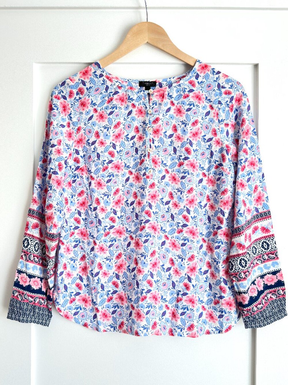Talbots Floral Rayon Popover Henley Long Sleeve Blouse Petite Small Pink Blue